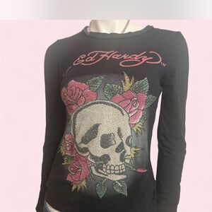 Ed Hardy Black Long-Sleeve Skull & Roses Tee